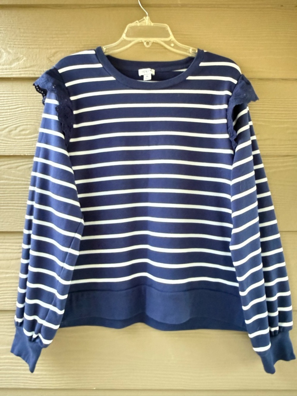 J.Crew Factory Women's White Navy Stripe Ruffle Lace Sleeve Sweatshirt Size XL - Picture 5 of 12